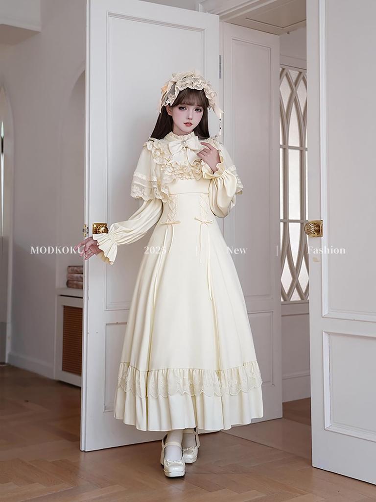 MODKOKU Gothic Lolita Neat and Ribbon Waist Ruffled Long Girly Halloween Long Size XL Cape-Style Dress, Women's, Style, Clean, Lace, Lace-Up Dress,