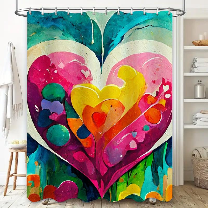 Vibrant Abstract Heart Shower Curtain - Waterproof, Mildew-Resistant, Machine Washable For Artistic Bathroom Decor