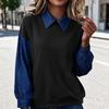 Women's Fashion Color Block Collared Long Sleeve Casual Loose Fit Patchwork Denim Sweatshirt Top