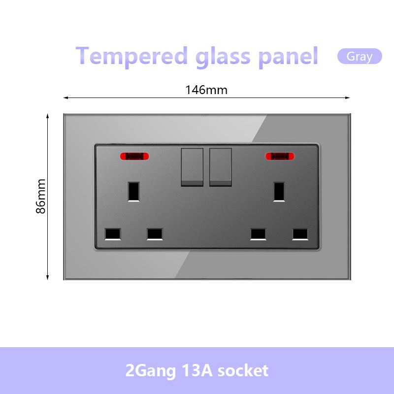 UK 13A 220V Dual Outlet with 18W Type-C Quick Charge,1/2 Way Light Switch Panel, Tempered Glass Surface,Wall Socket for TV/Phone