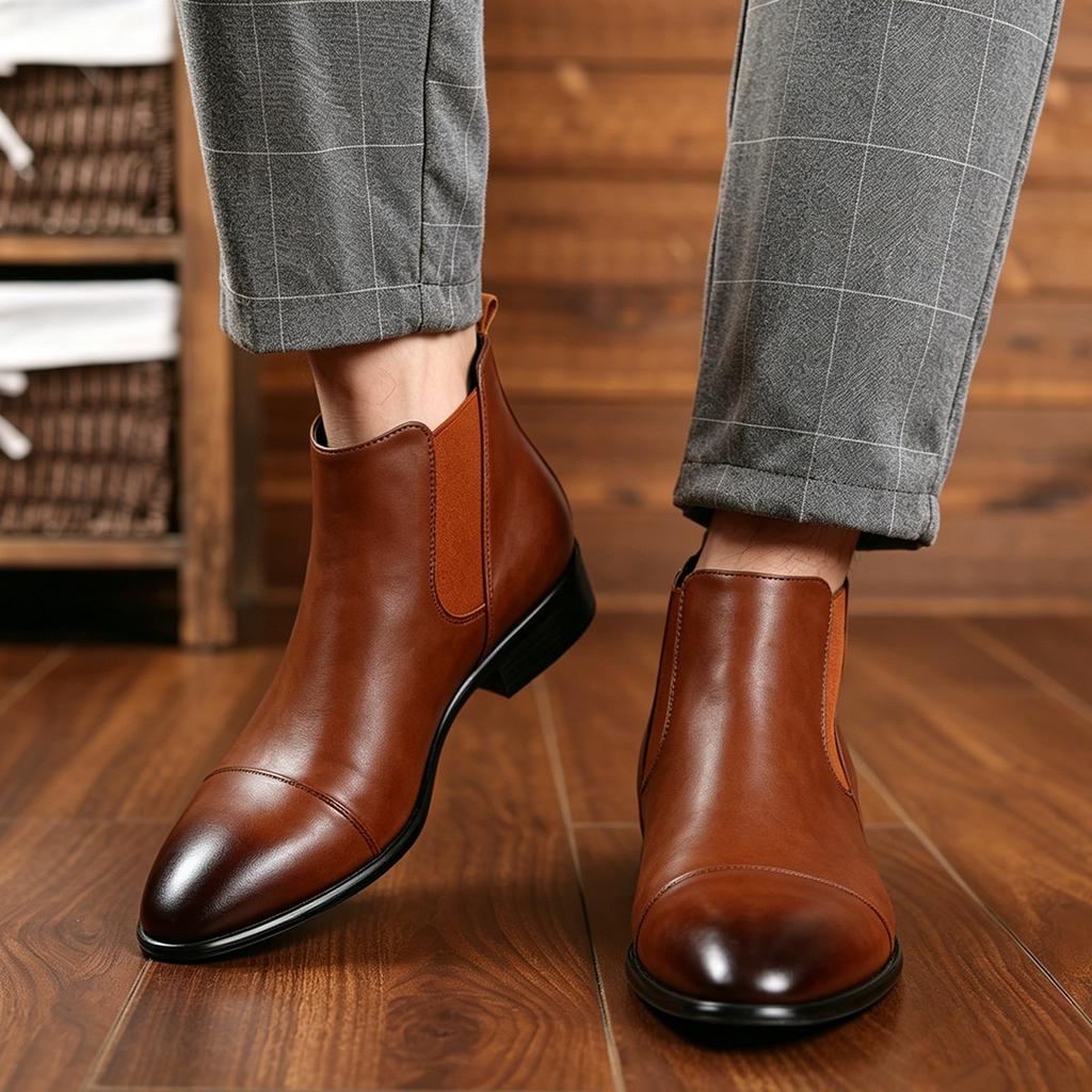 Chelsea Boots Men's British Pointed Leather Boots High Top Martin Boots Large Size Retro Shoes Men's Shoes