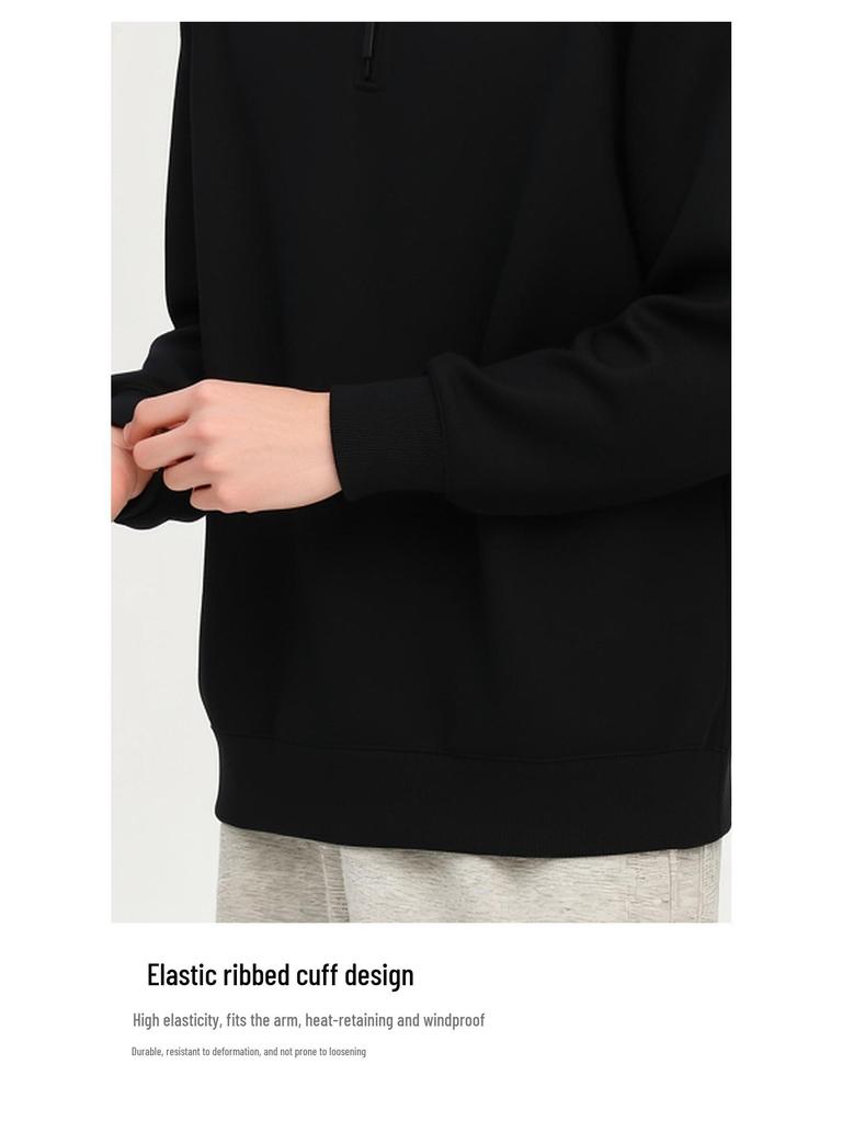 Men's 2025 Winter Black Fleece-Lined Half-Zip Stand Collar Sweatshirt