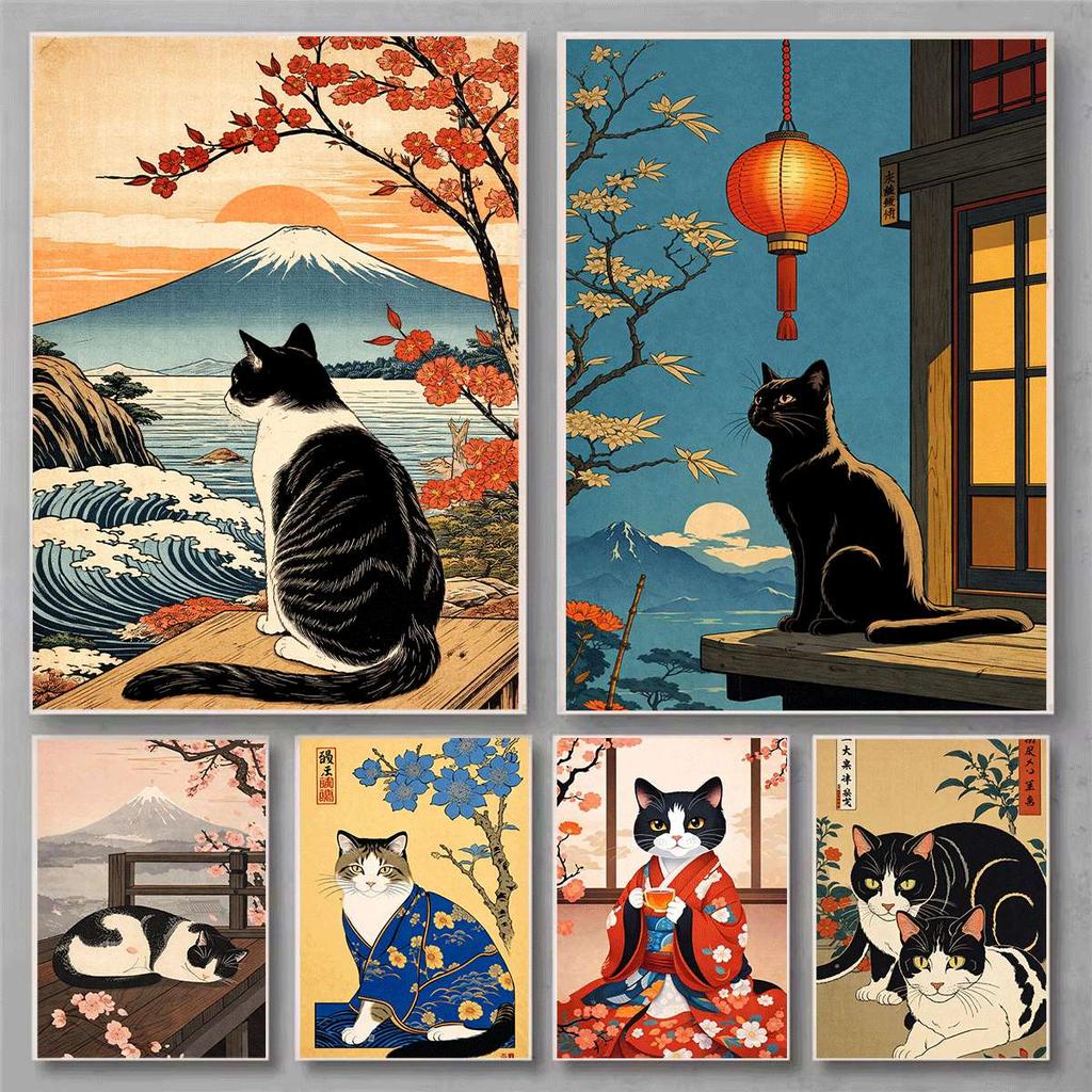 Japanese-style Cat Wall Decorations, Fun Cat Canvas Posters, Anime Wall Decorations, Cute Artwork, Tokyo Kitty Retro Posters