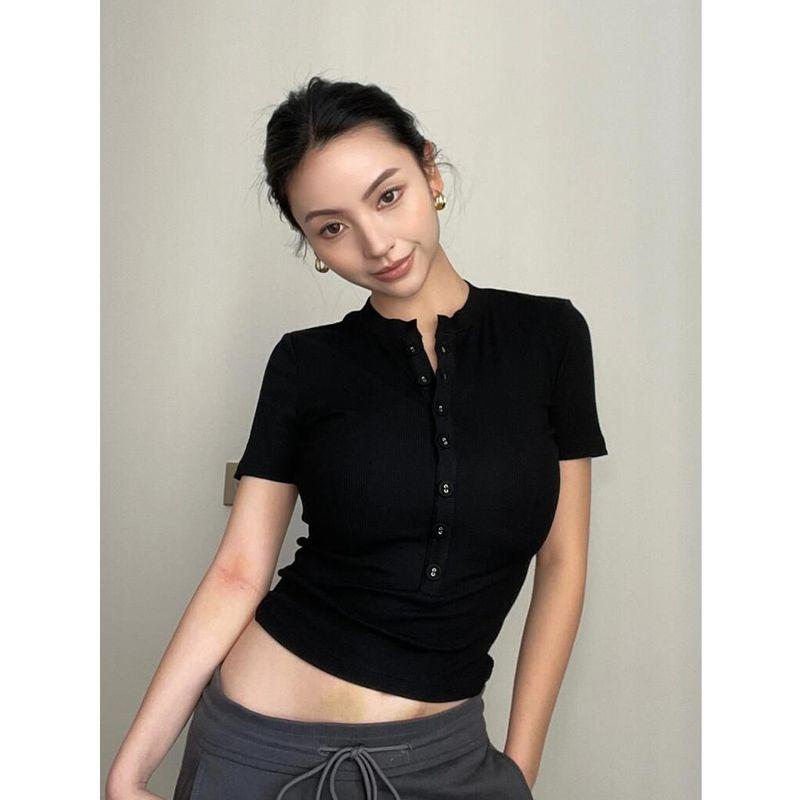 

American Retro Black Short-Sleeved T-shirt Women s Silm Sexy Summer Shoulder Half-Open Collar Button Henry Collar Tops Black S