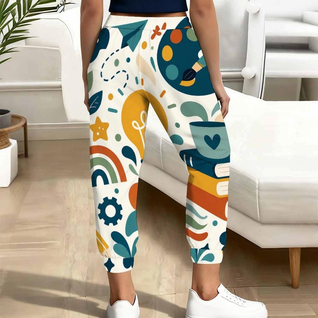 Women Plus Size Cartoon Printed Jogger Pants Drawstring Waist Side Pockets Cuffed Ankle Casual Trousers