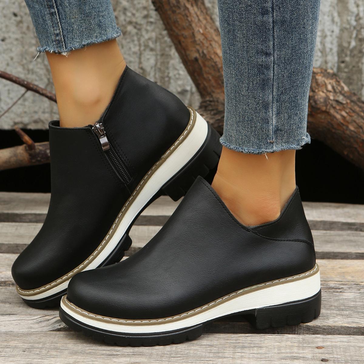 

New Fashion Large Round Toe Thick Sole Side Zipper Casual Single Shoe for Women