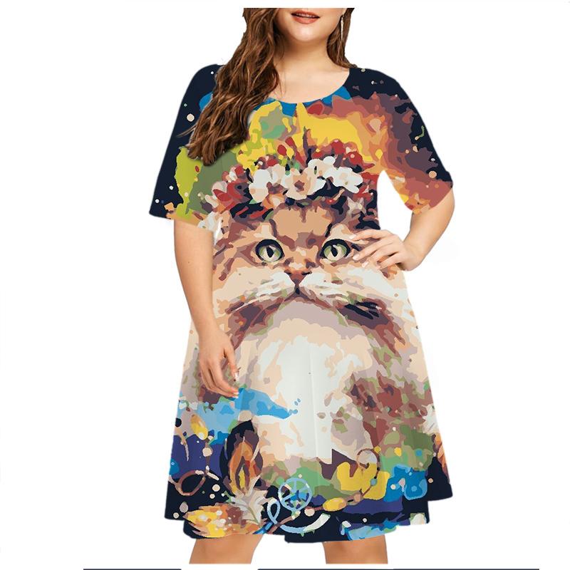 Starry Sky Cat Graphic Dress For Women Tie Dye 3D Printed Casual Loose Plus Size Dress Short Sleeve Fashion Hip Hop Kawaii Dress