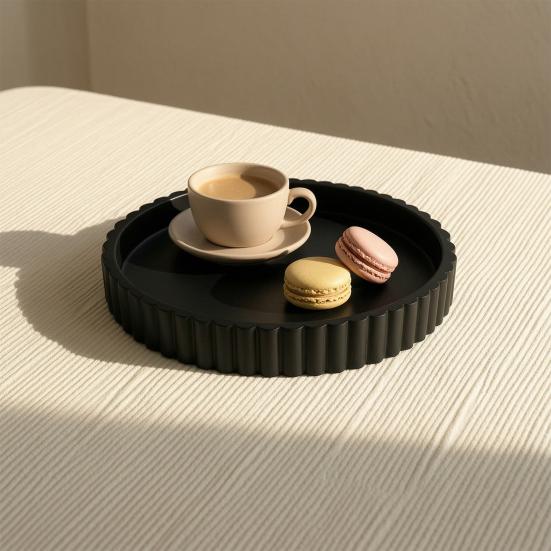 Round Decorative Tray for Coffee, Dining Table, Countertop, 3D Printed Scalloped Edge Serving Tray for Farmhouse, Kitchen, Home, Living Room