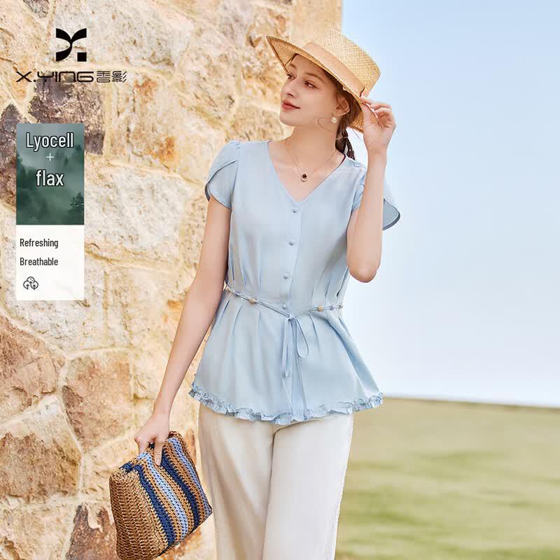 Women's Linen Blend V-neck Slim Fit Blouse