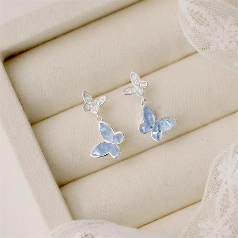 

Exquisite Blue Butterfly Drop Earrings for Women Light Luxury Shiny Zircon Butterfly Earrings Girl Party Jewelry Accessories