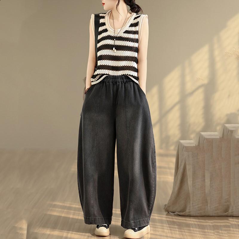 plus size Vintage high waist casual loose long Women spring summer autumn jeans denim wide leg Pants