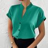Women Shirt V Neck Stand Collar Single-breasted Short Sleeve Solid Color Silky Smooth Formal Business OL Commute Style Lady Top Blouse