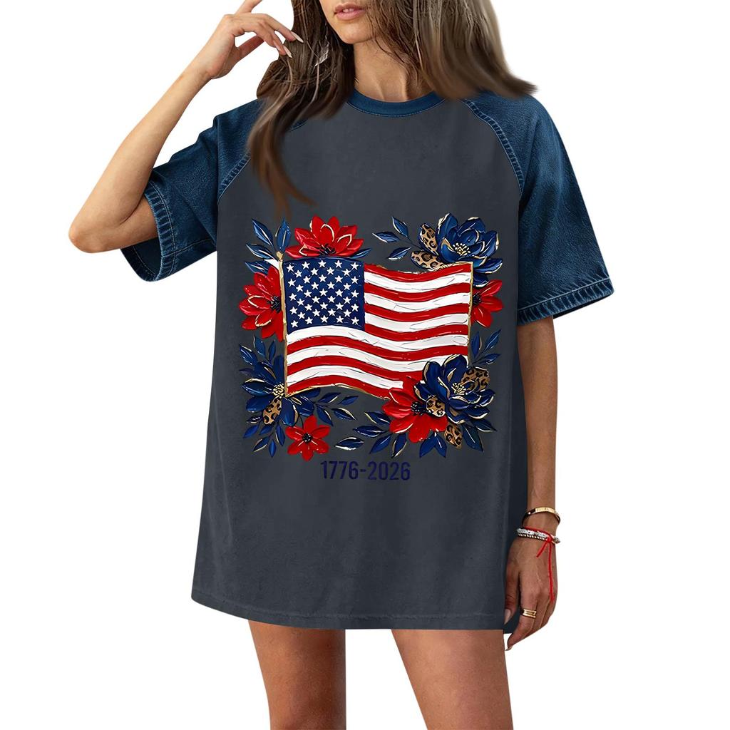 Women Casual Short Sleeve T Shirt Denim Patchwork Top 250th Independence Day Commemorative Print Relaxed Fit Lightweight Tee