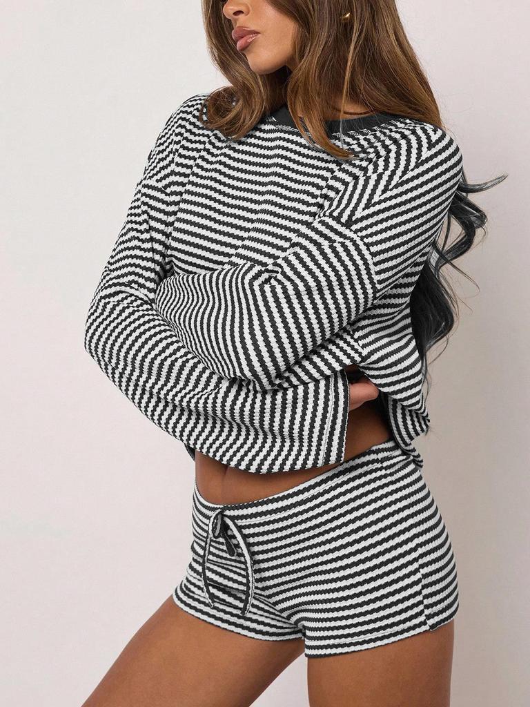 Trendy Sporty Striped Two-Piece Set: Loose Long Sleeve Top & Drawstring Shorts