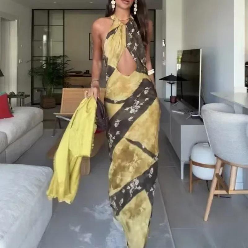 women's spring new models, cross-border European and American hot-selling, sexy and elegant neck-hanging off-the-shoulder navel slim-fitting dress