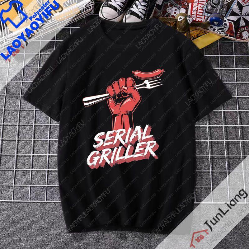 Serial Griller Lustiges BBQ Grafik T-Shirt Retro Grill-Liebhaber Streetwear Tee Grillen für Unisex Damen Sommer Kurzarm-T-Shirt