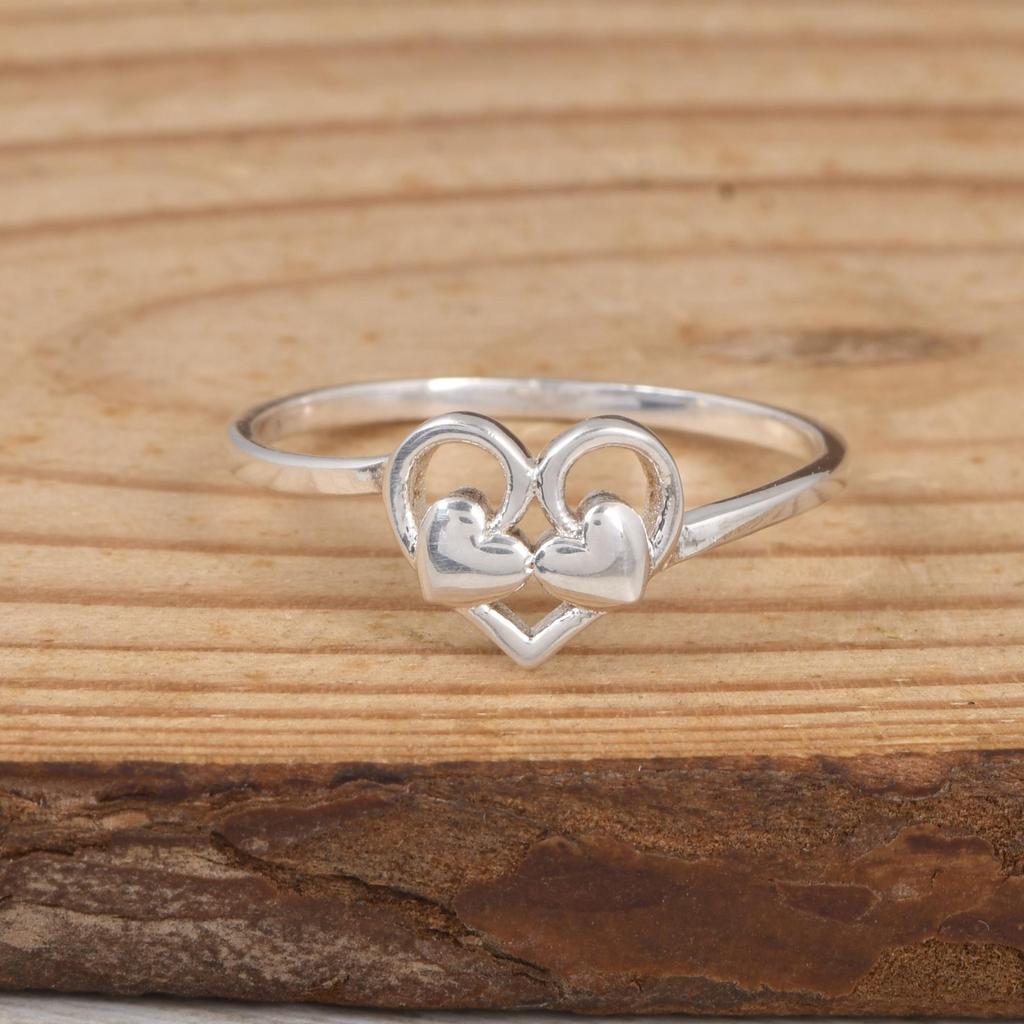 Double Heart Silver Ring, 925 Sterling Silver Minimalist Love Ring, Open Heart Design Dainty Ring Gift for Her.
