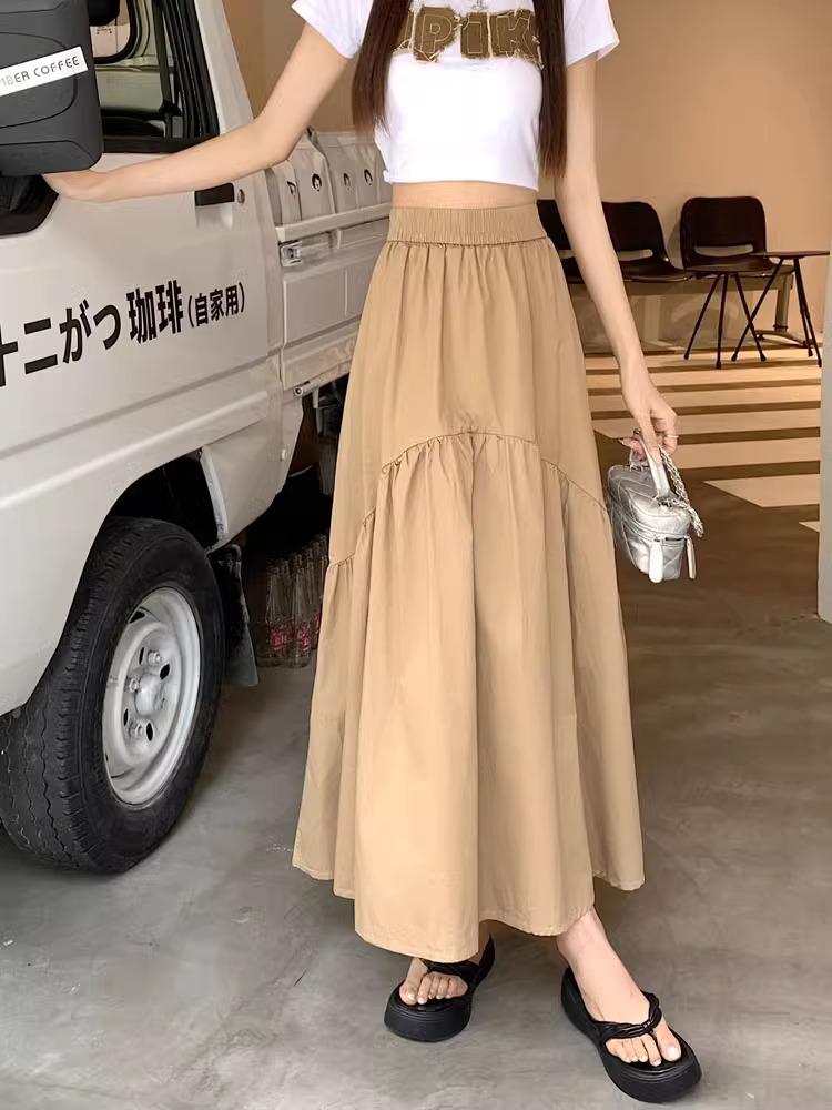 Petite Women's Pleated Patchwork Midi Skirt - 2024 Summer Korean Fashion, Elastic Waist