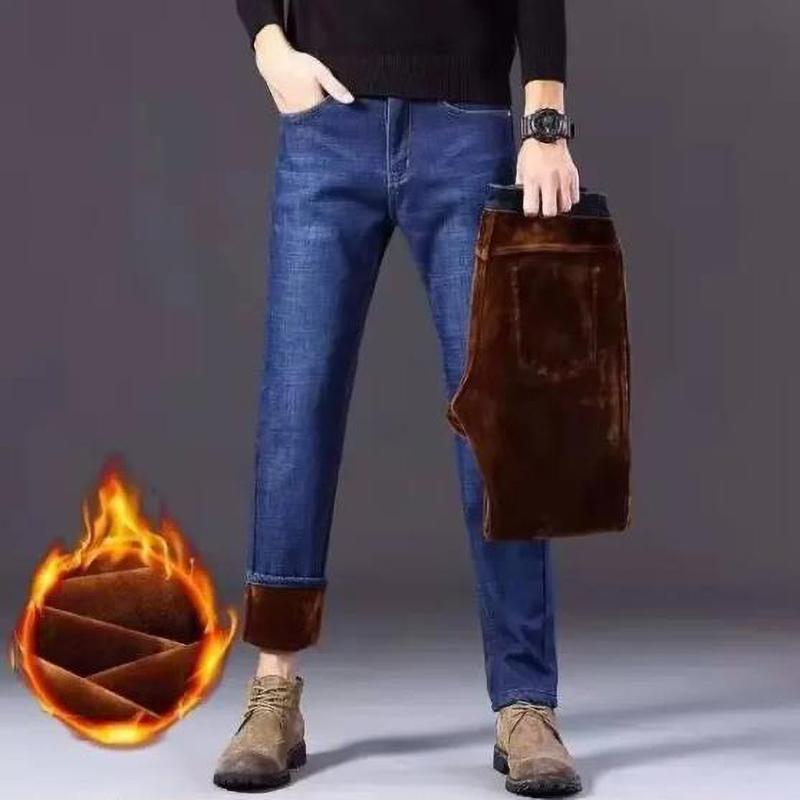 Jeans Autunno Inverno da Uomo Foderati in Pile Ispessiti Gamba Dritta Vestibilità Ampia Abbigliamento Caldo da Esterno