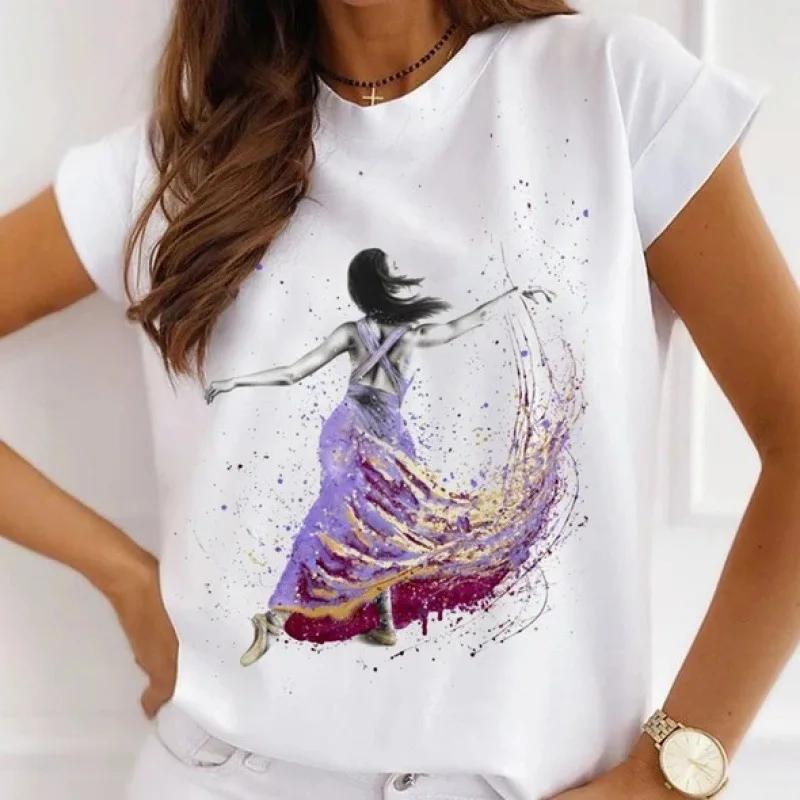 Stylish African Womens Watercolor Ballerina Girl Cute Cartoon Short Sleeve Tshirt Summer Tops Vintage Clothes Oversized Tee