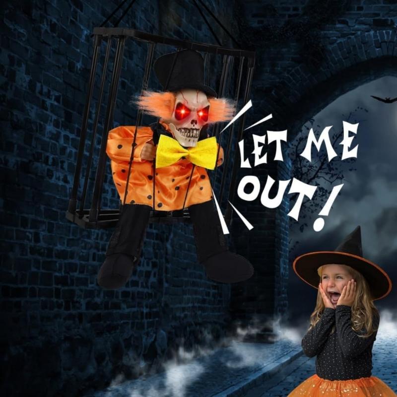 Halloween Animiertes Bewegliches Geisterhaftes In Käfig Hängendes Ornament Mit Rot Glühendem Auge Automatischer Soundeffekt Für Haus Hof Dekoration
