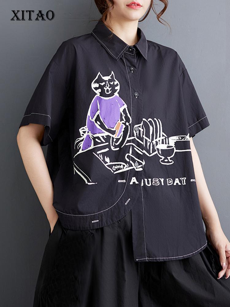 

XITAO Asymmetrical Women Casual Shirt Loose Fashion Cartoon Print Top ZY8801