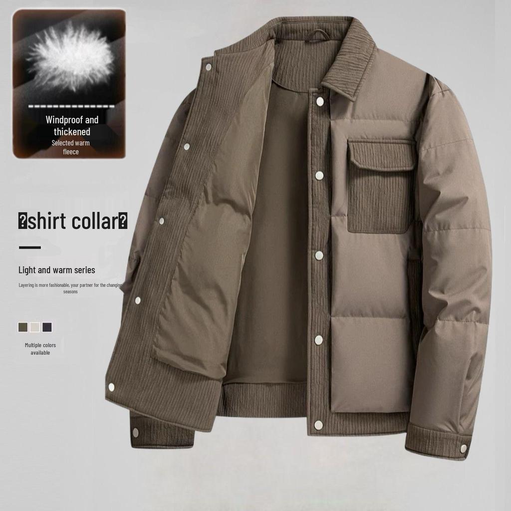 Men's Lightweight Warm Lapel Down Jacket, Winter 2025 White Duck Down Shirt Outerwear