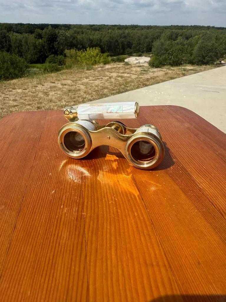 Luxury Vintage Opera Glasses – Brass & Mother of Pearl Binoculars with Handle – Collectible Theater Glass