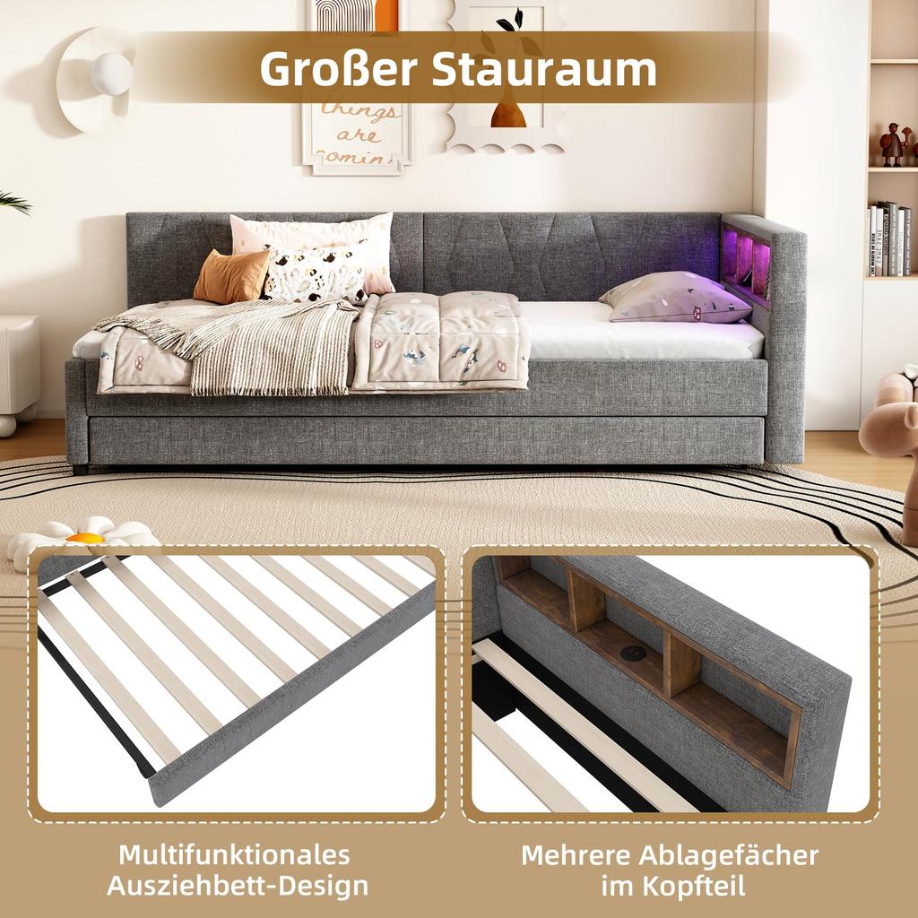 Sofa rozkładane 90x200 cm Dzień łóżko Rozkładane LED USB Type-C Schowek Łóżko wysuwane Stelaż listwowy Lniany Rama łóżka bez materaca