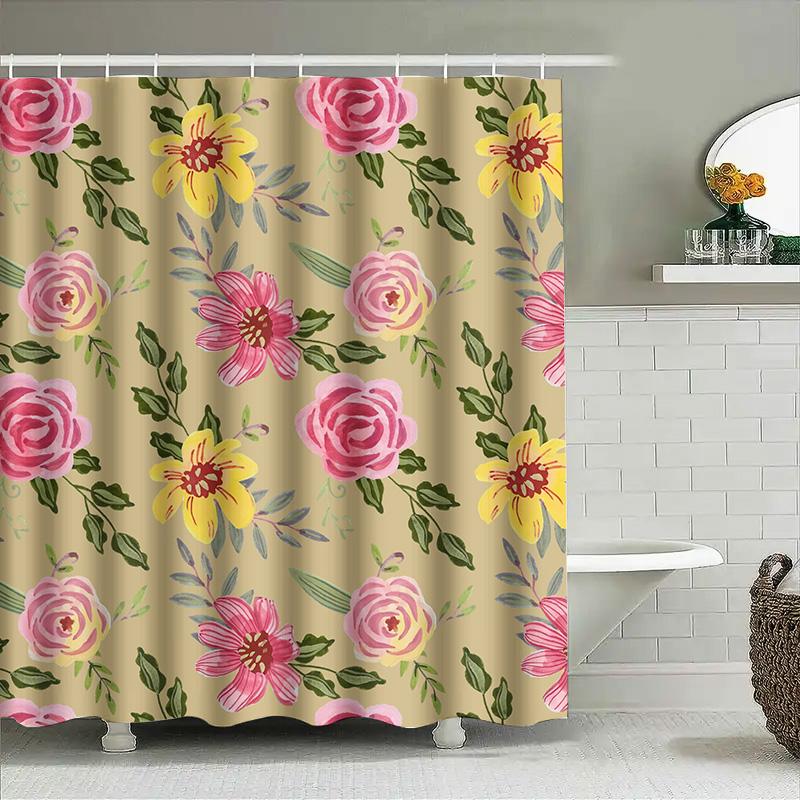 GAEFloral Print Shower Curtain Set Waterproof Bath Decor Fabric for Home Decoration Beige, Pink Yellow Colors #806724319501