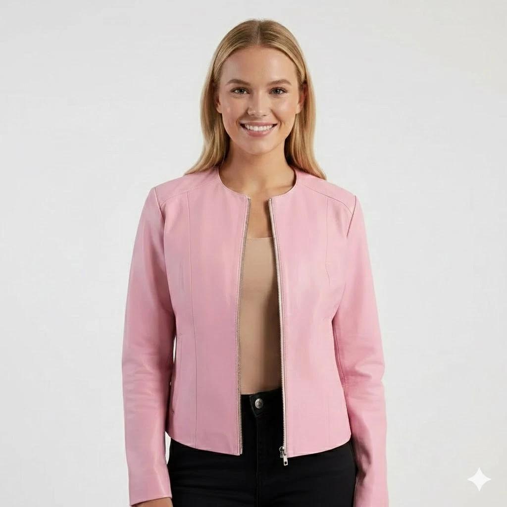 Women's Pink Slim Fit Handmade Stylish Genuine Soft Biker Lambskin Leather Jacket