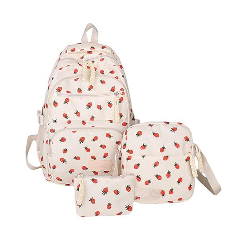 Corduroy Backpack Three Piece Set Strawberry Print Daily Casual Backpack Niche Large Capacity Commuting Light Backpack