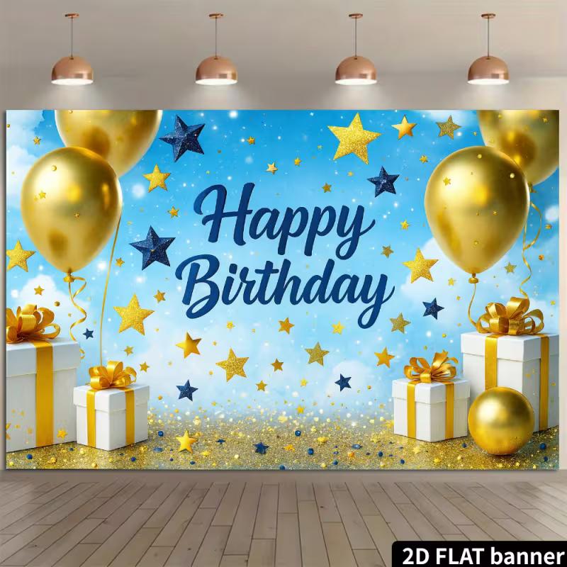 Jungen Blau Gold Geburtstag Wandteppich, "Happy Birthday" mit Sternen Glitzer und Ballons für Fotokabine