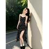 French black floral suspender dress women's summer 2026 new beautiful vacation style irregular long dress