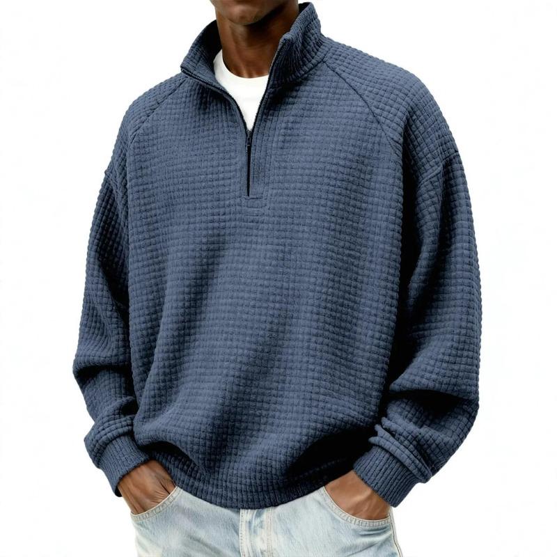 Men's Vintage Check Textured Zip Sweatshirt Stand Collar Long Sleeve Casual Pullover