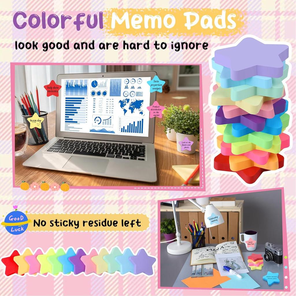 12 Packs (360 Sheets) 12-color Star-shaped Self-adhesive Notepads Set with Category Labels, Suitable for Offices and Study Plans