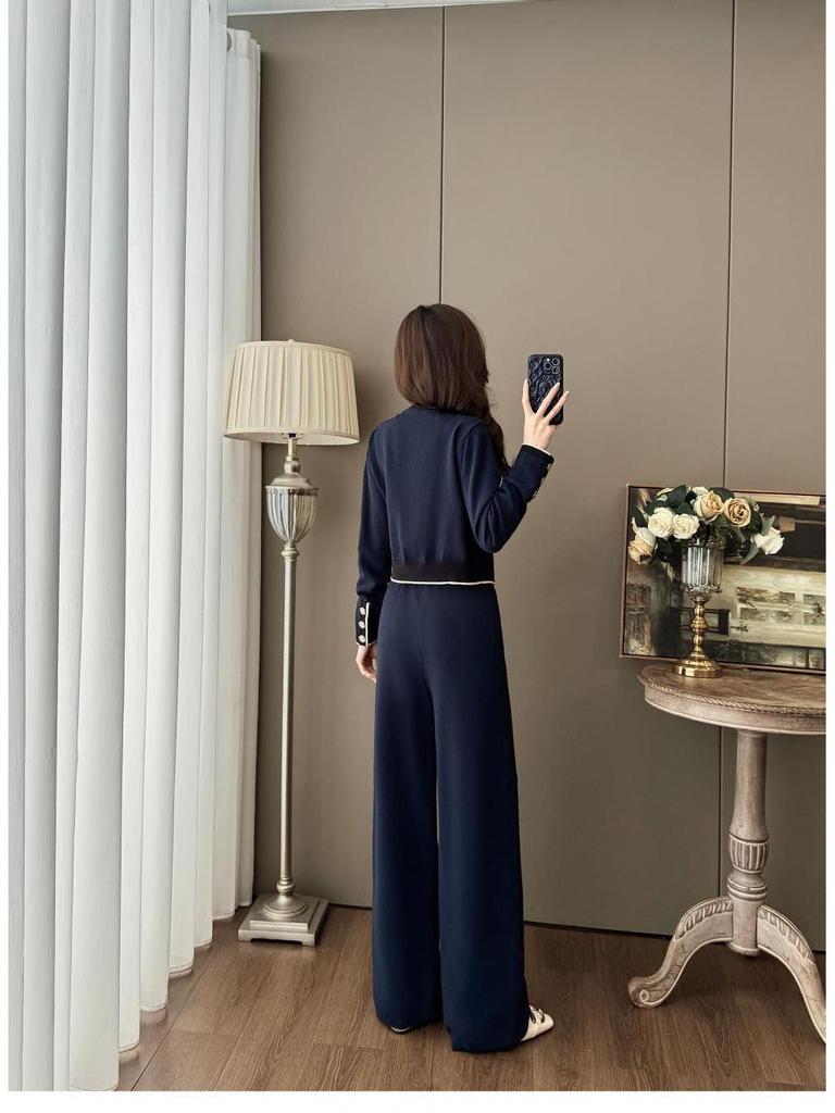 Luxurious Dark Blue Knit Cardigan & Wide-Leg Pants Set for Fall/Winter - Elegant & Slimming Two-Piece Fashion Ensemble