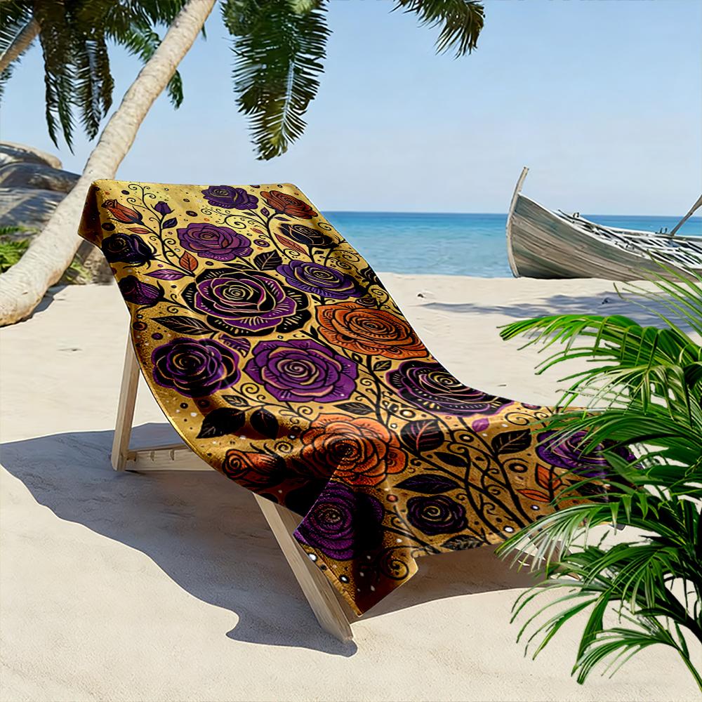 Purple and Orange Roses on Gold Background Beach towel quick-drying for travel outdoor sports jogging beach and swimming