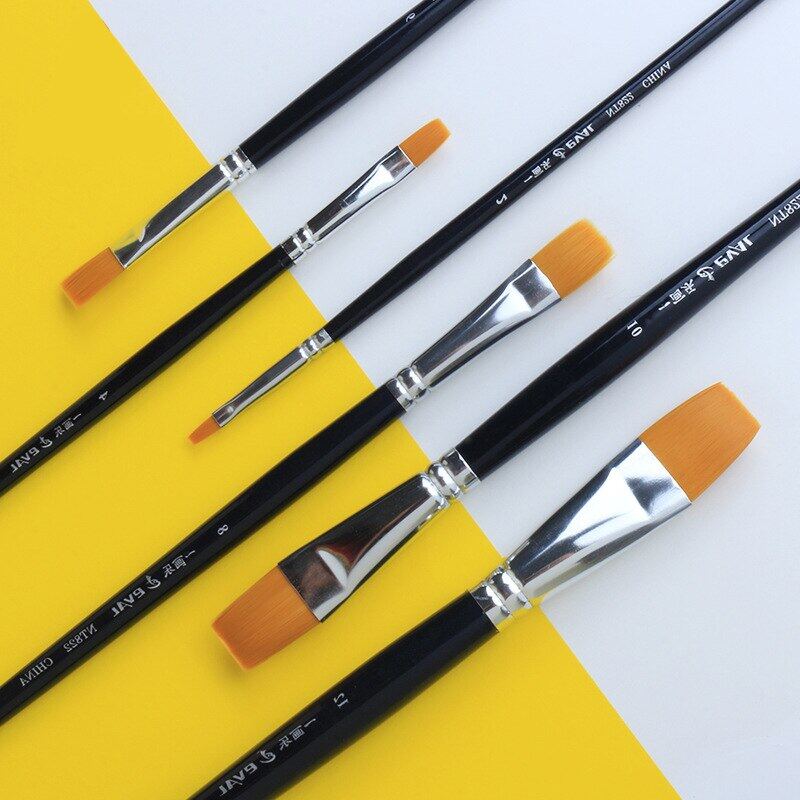 JOWOART 6 Pezzi Fornitura per Artisti Manico Lungo in Betulla Capelli in Nylon Testa Piatta Pennello per Pittura Guazzo Acquerello Acrilico Set di Pennelli per Pittura Materiali per Arte