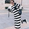 Spring and Autumn New Black and White Striped Long Sleeve Dress Loose Casual Skinny Split Knee Long T-Shirt Skirt Children