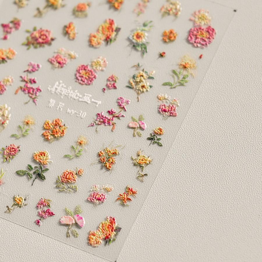 Cherry Blossom Pink Flower Sakura Spring 5D Nail Art Sticker Gold Stamping Soft Adhesive Relief Adhesive Chic Manicure Decals