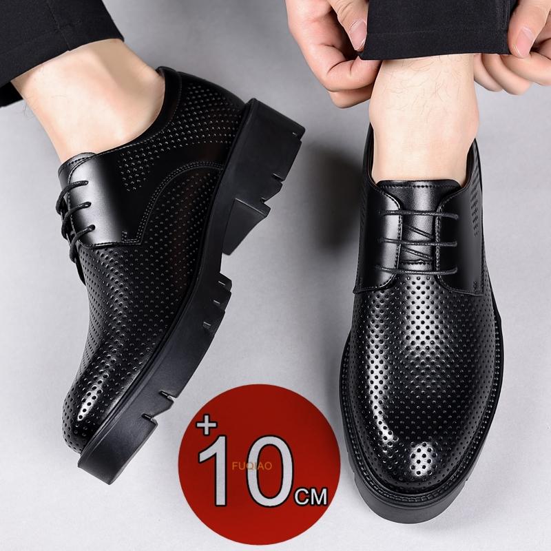 New Men Hollow Summer Platform High Heel 5/8/10 Cm Height Growth Formal Men Derby Leather Shoes Man Wedding Dress Shoes Elevator