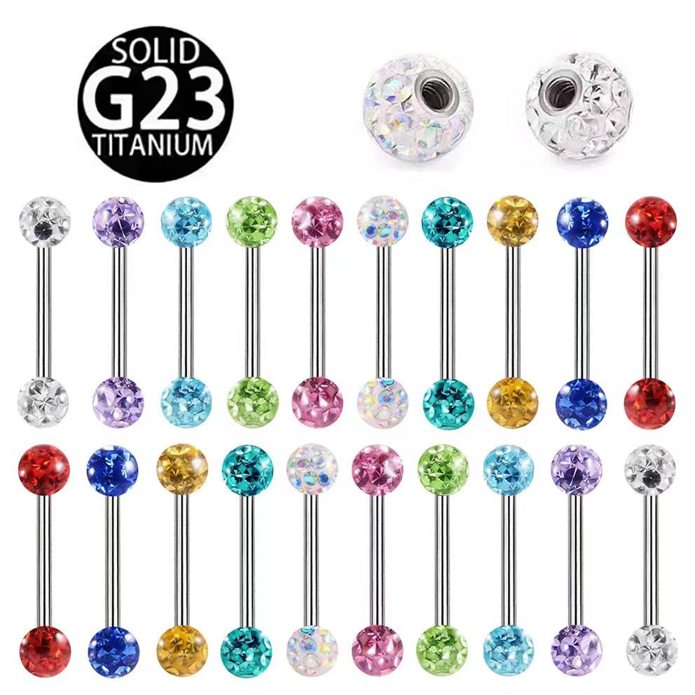 Titanium Shamballa Diamond Ball Tongue Stud with Polymer Clay Diamond Inlay - 14G Body Piercing Jewelry