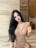 Elegant V-Neck Long-Sleeve Pleated Dress - Slim-Fit, Waist-Cinching Mid-Length Skirt for Women
