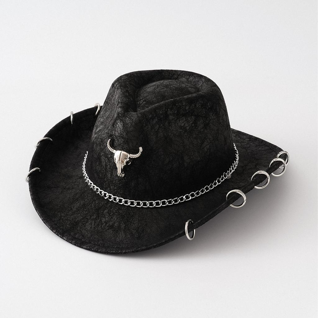 Cowboy Fedora Hat Chain Detail Perforated PU Curved Brim Upturned Edge Western Jazz Style Daily Outdoor Wear for Men Women
