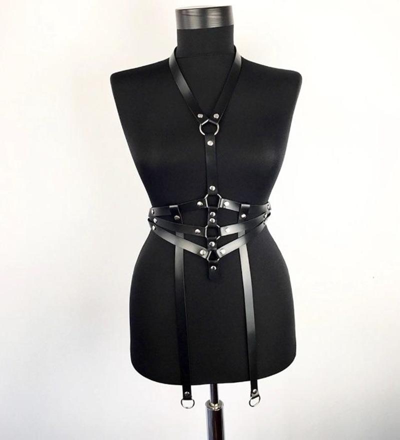 Gothic Punk PU Leather Belt With Detachable Chain Woman Adjustable Body Harness Halter Sexy Leather Waist Belt