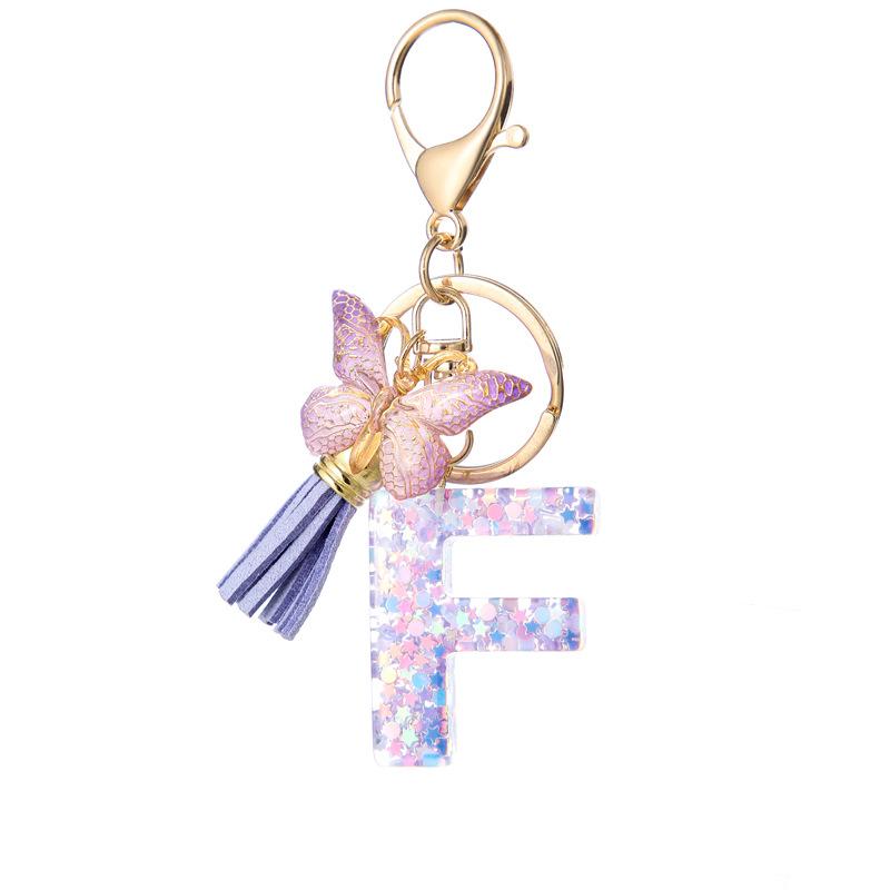 A-Z Alphabet Resin Keychain Purple Butterfly Tassel Pendant Classic Retro Durable Women Bag Accessory Practical Backpack Hanging Charm