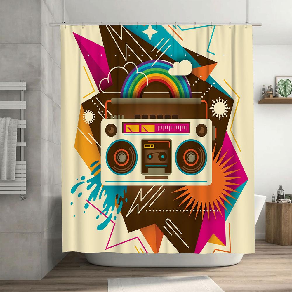 Retro Boombox Shower Curtain Multicolored Music Retro Home Decor Bathroom Set for Kids Gift