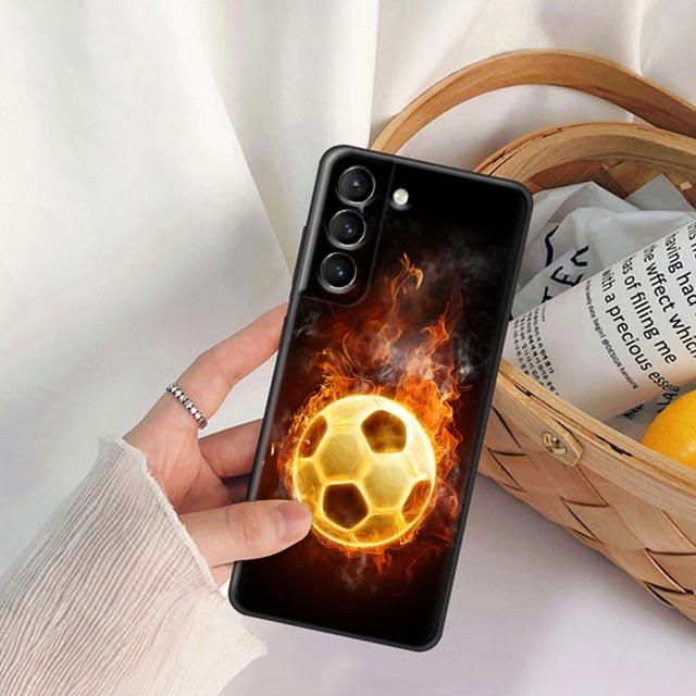 Fire Football Soccer Ball Phone Case For Samsung Galaxy S24 Ultra S23 5G S20 S21 23 FE S25 S22 S24FE Plus Case Black Soft Cover