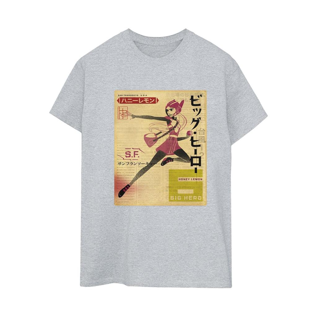 Disney Womens/Ladies Big Hero 6 Baymax Honey Lemon Newspaper Cotton Boyfriend T-Shirt